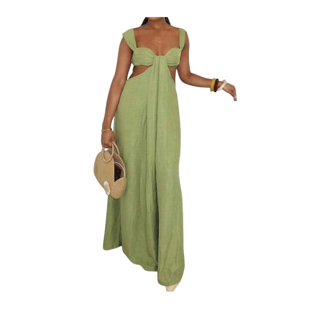 Musera Sage Green Cutout Maxi Dress Wide Leg Jumpsuit Smocked Back Small NEW